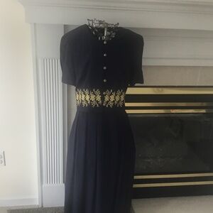 VINTAGE Miss Dorby Maxi Dress Size 12 Navy with Embroidered Detail